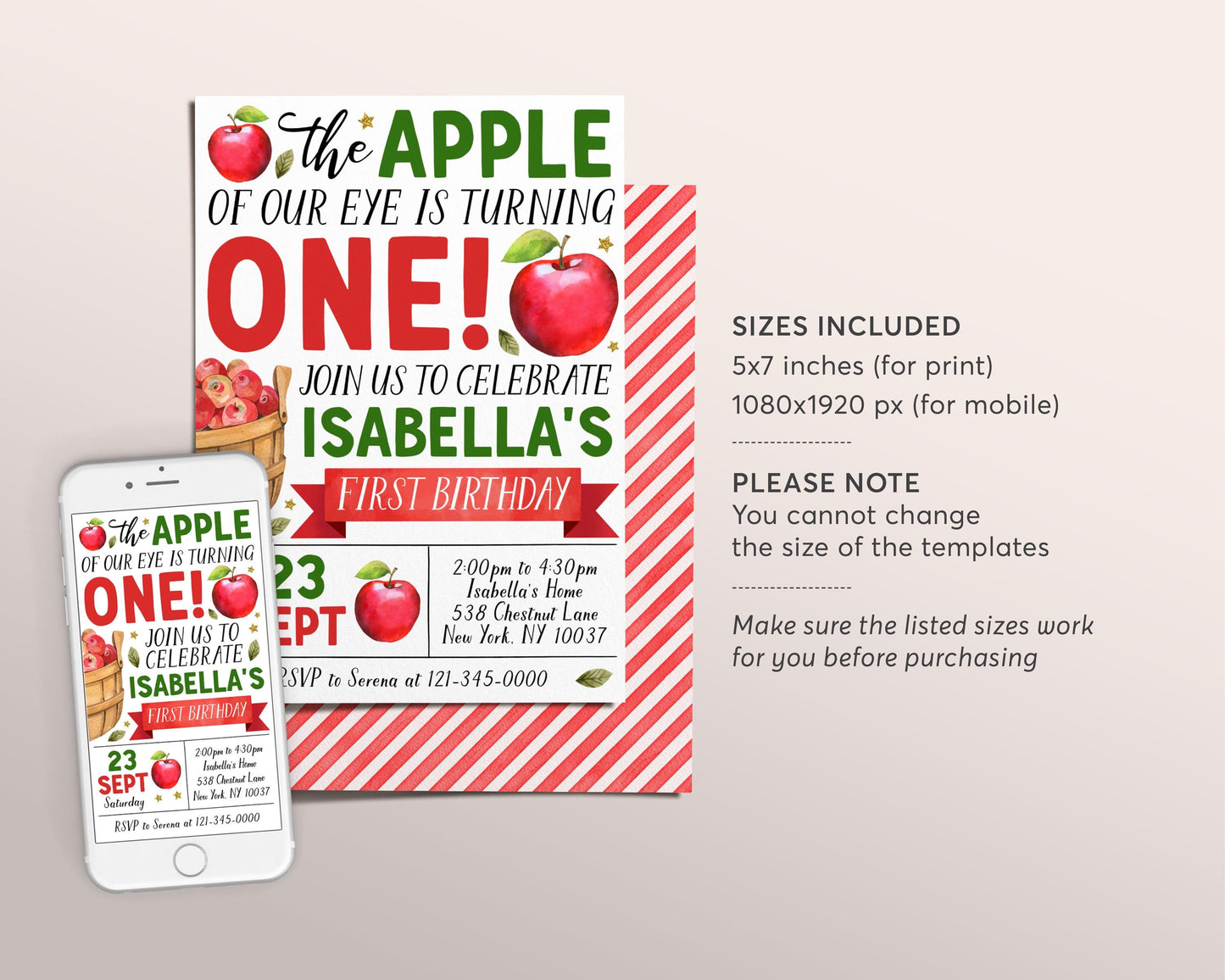 Fall Apple First Birthday Invitation Editable Template, Kids Apple of Our Eye 1st Party Invite, Bushel of Fun Autumn Theme Apple Evite