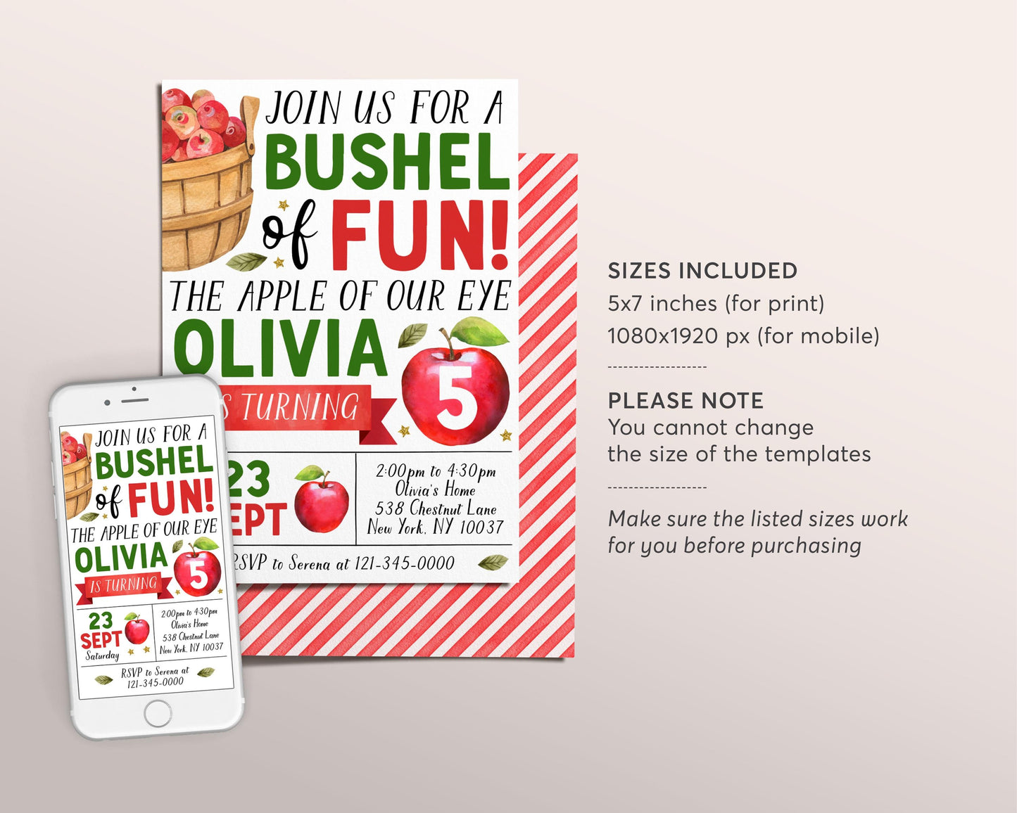 Apple Birthday Invitation Editable Template, Bushel of Fun First Birthday Party Invite, Apple of Our Eye Fall Evite, Apple Picking Orchard