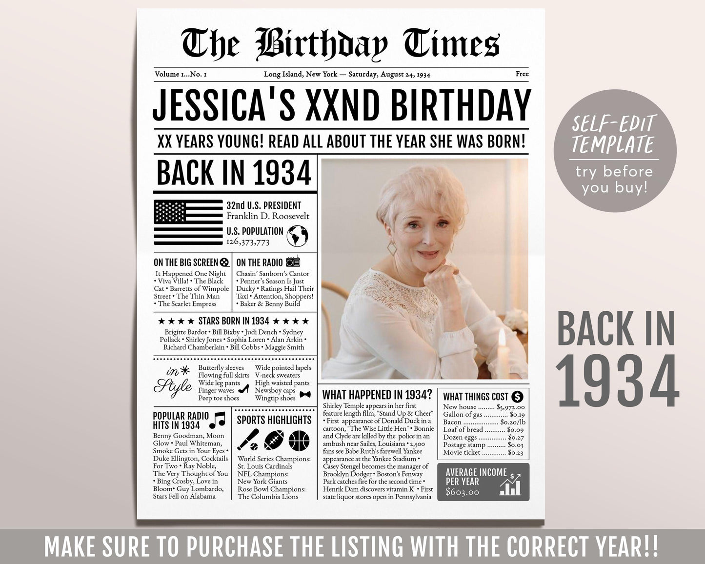 Back in 1934 Birthday Newspaper Editable Template