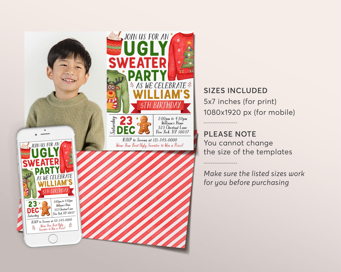 Ugly Sweater Birthday Party Invitation With Photo Editable Template, Holiday Ugly Sweater Invite, Winter Ugly And Bright Christmas Evite