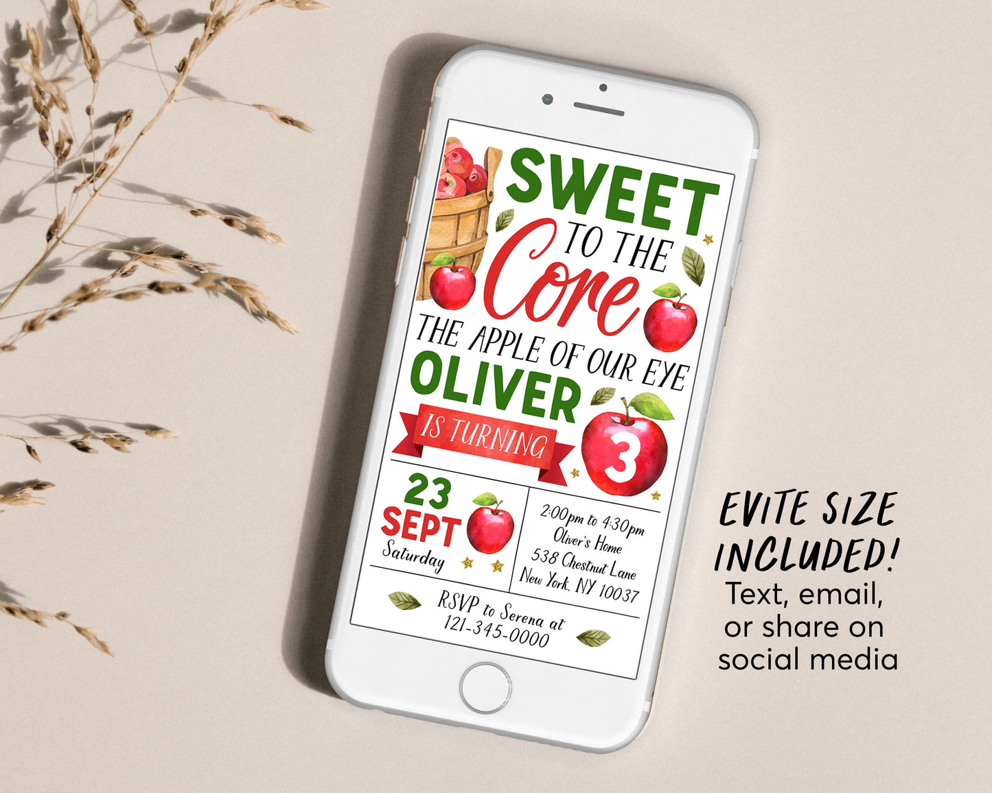 Apple Birthday Invitation Editable Template, Sweet To The Core Party Invite, Apple of Our Eye Fall Evite, Bushel of Fun Apple Picking