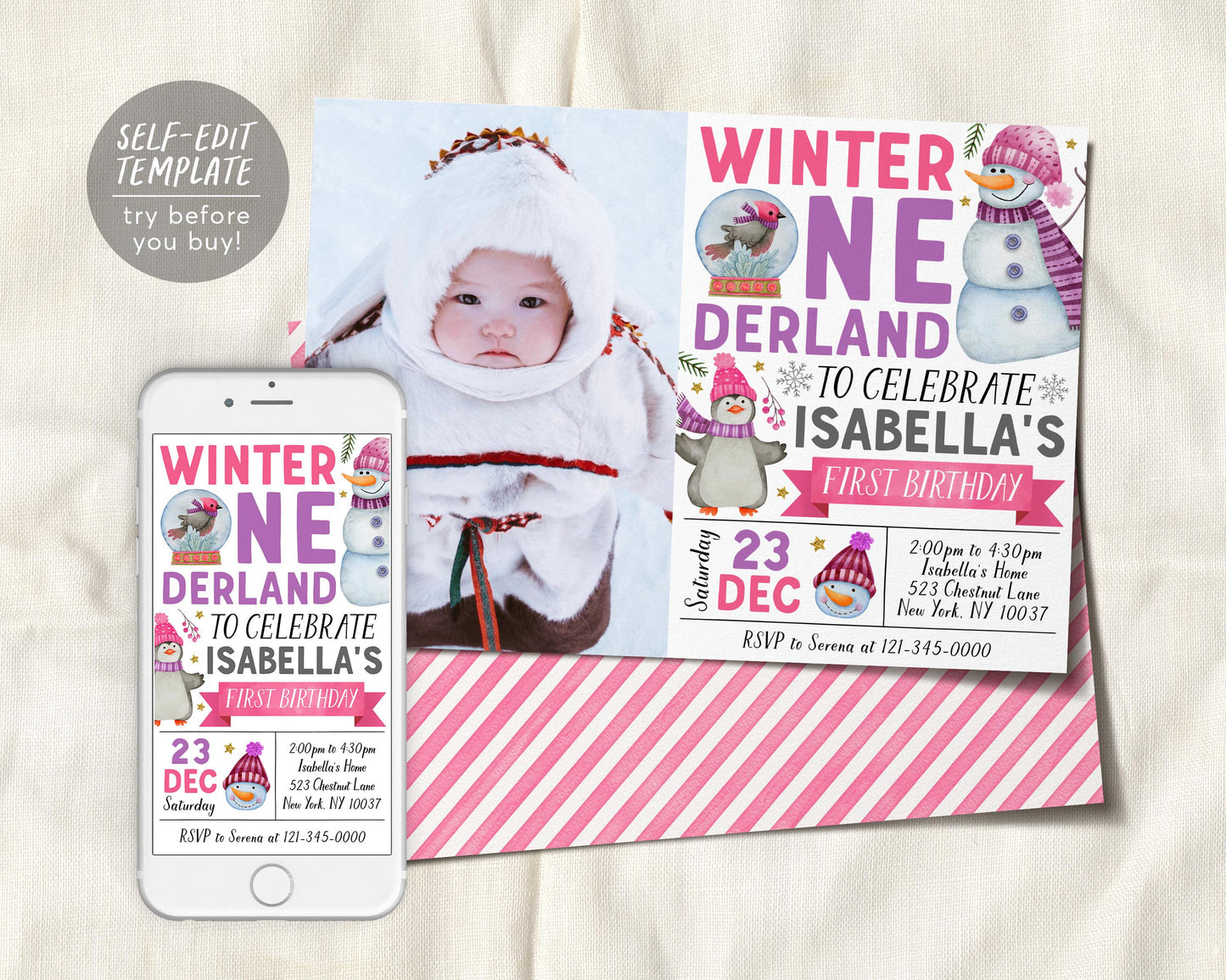 Winter Onederland First Birthday Invitation With Photo Editable Template