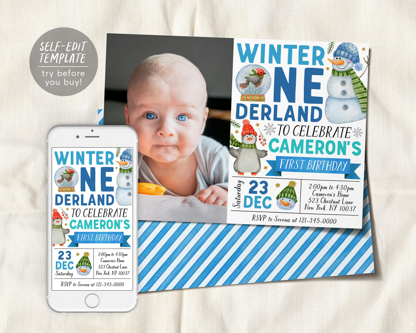 Winter Onederland First Birthday Invitation With Photo Editable Template