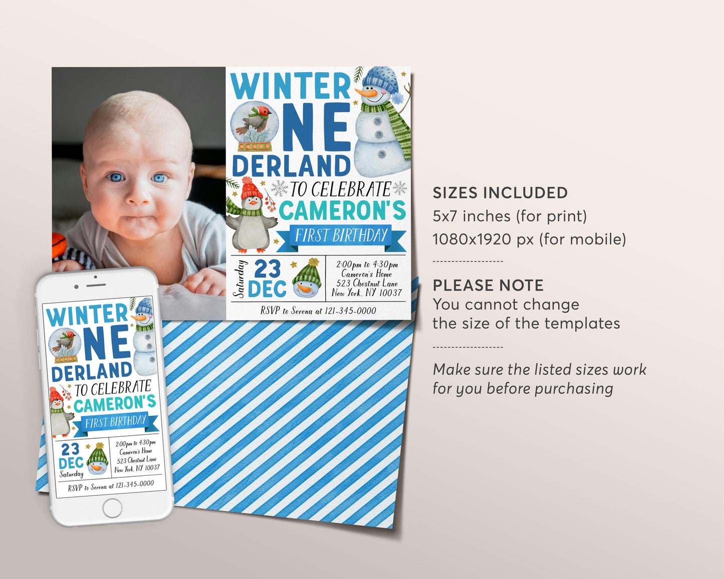 Winter Onederland First Birthday Invitation With Photo Editable Template, Boy Snowman Party Invite, Christmas Holiday Snow Much Fun Evite