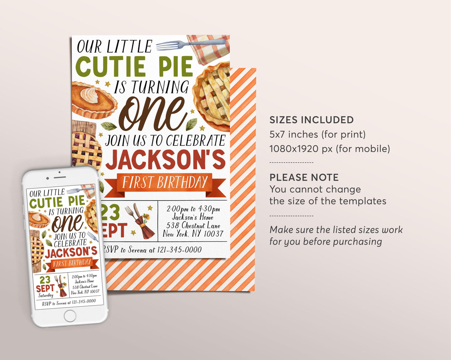 Cutie Pie First Birthday Invitation Editable Template, Fall Slice of Fun 1st Birthday Party Invite, Sweetie Pie Evite, Autumn Pumpkin Pie