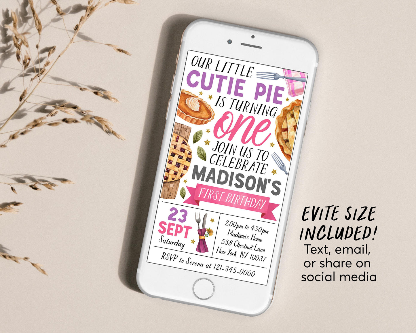 Cutie Pie First Birthday Invitation Editable Template, Fall Slice of Fun 1st Birthday Party Invite, Sweetie Pie Evite, Autumn Pumpkin Pie