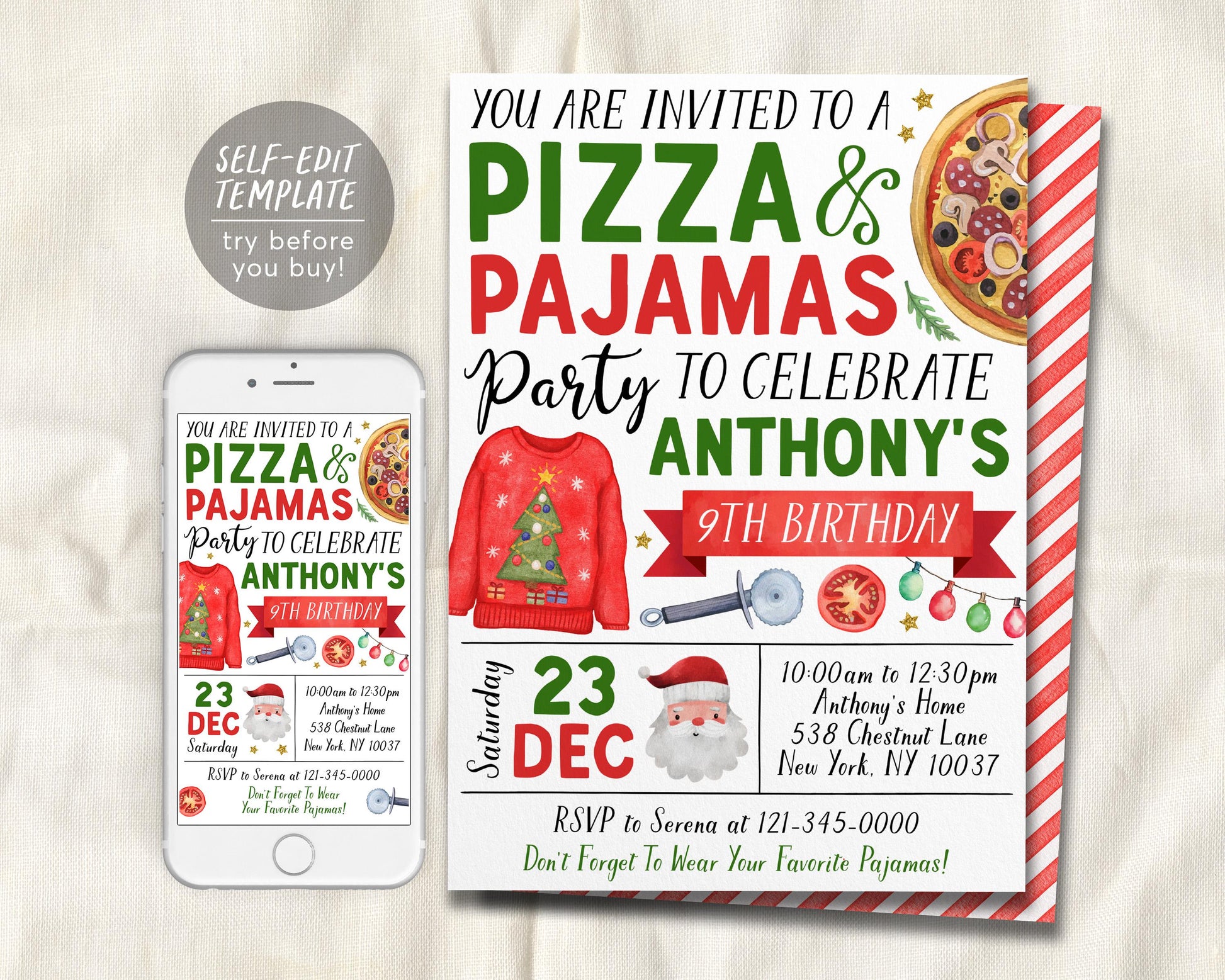 Christmas Pizza And Pajama Birthday Invitation Editable Template