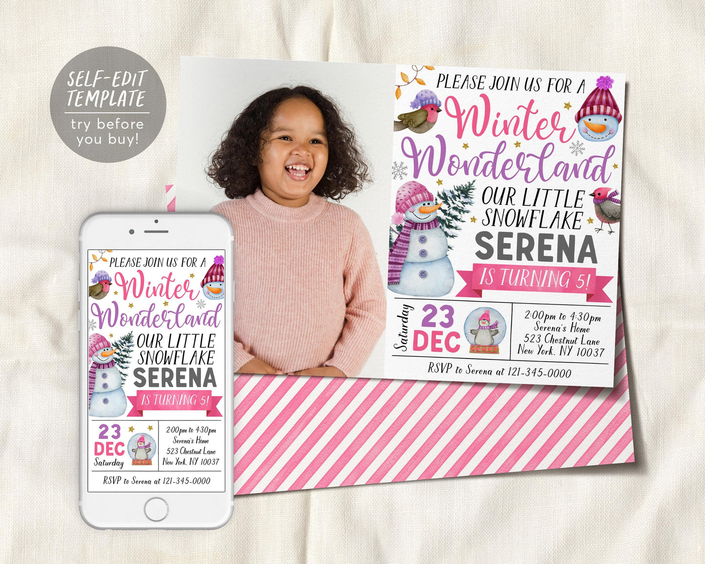 Winter Wonderland Birthday Invitation With Photo Editable Template