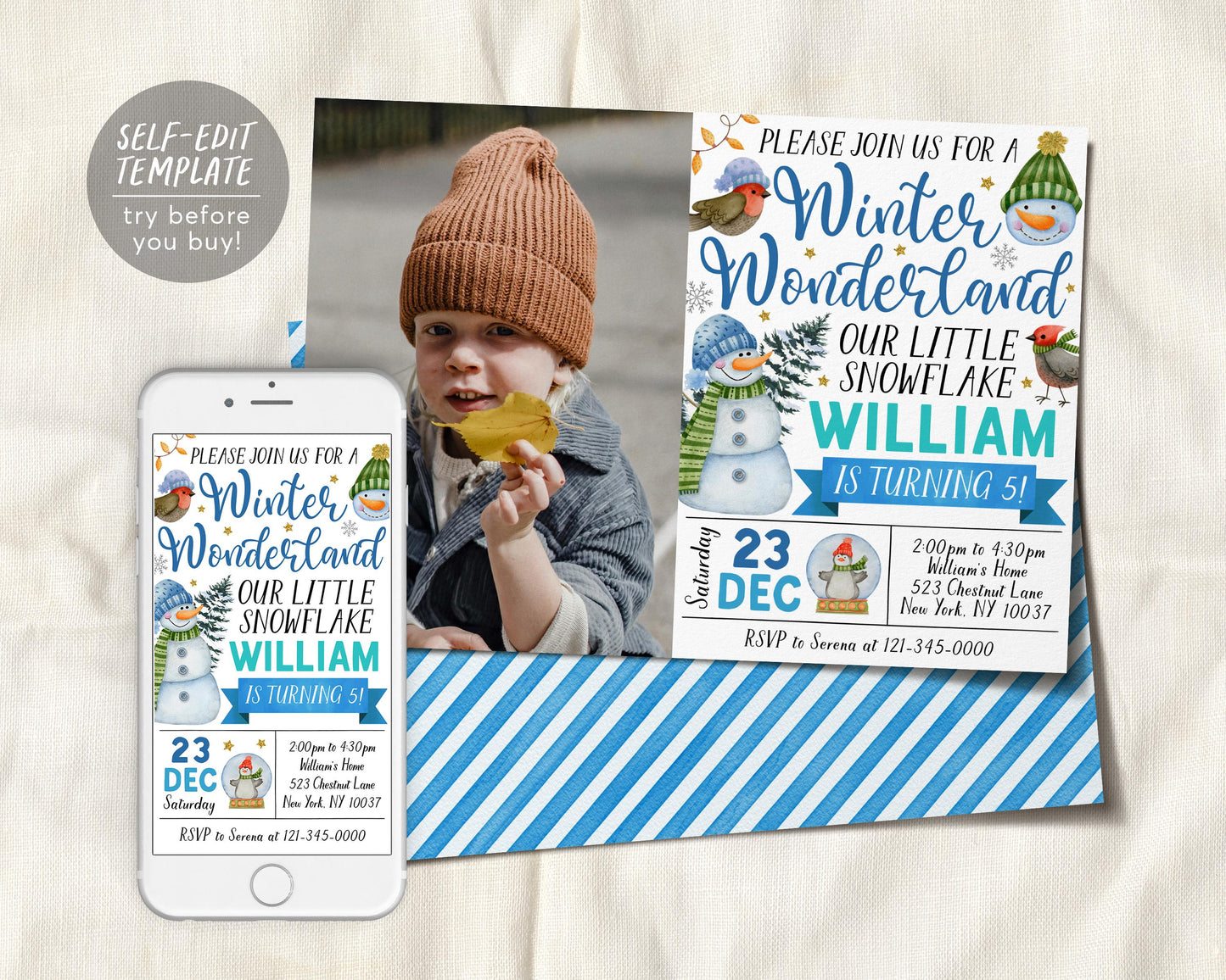 Winter Wonderland Birthday Invitation With Photo Editable Template