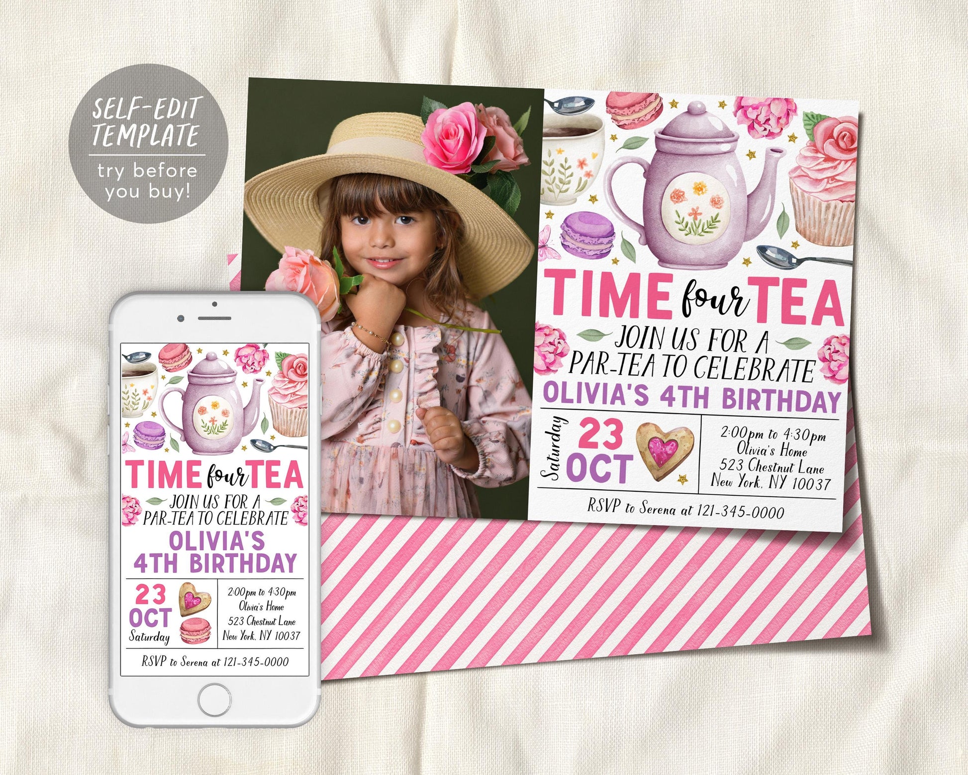 Time Four Tea 4th Birthday Invitation With Photo Editable Template