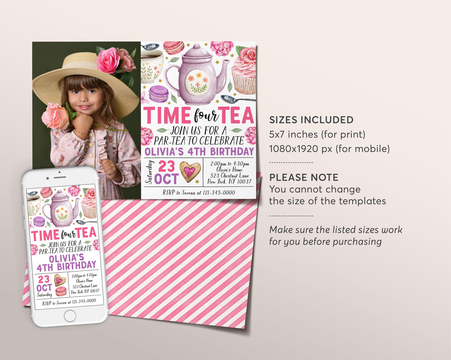 Time Four Tea 4th Birthday Invitation With Photo Editable Template, Kids Let's Par-Tea High Tea Garden Party Invite, Floral Afternoon Tea