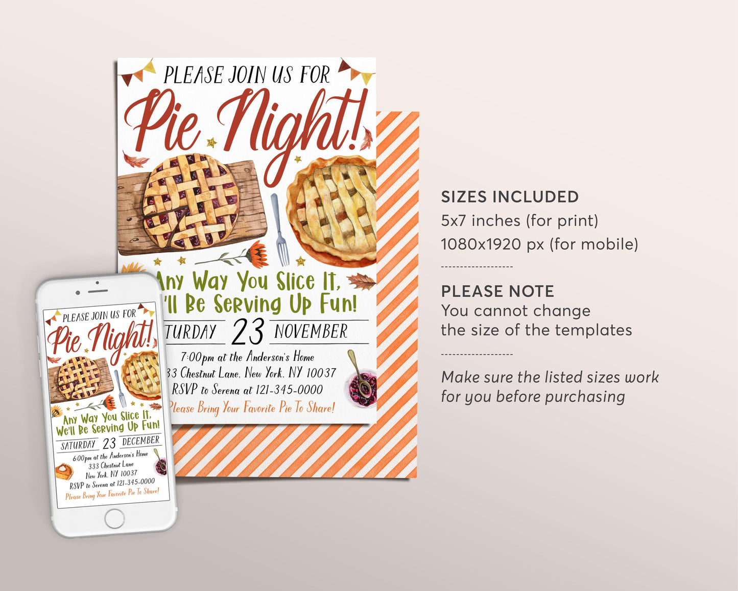 Pie Night Invitation Editable Template, Friendsgiving Party Invite, Thanksgiving Pie Fundraiser Flyer Evite, Fall Autumn Potluck Dinner Pie