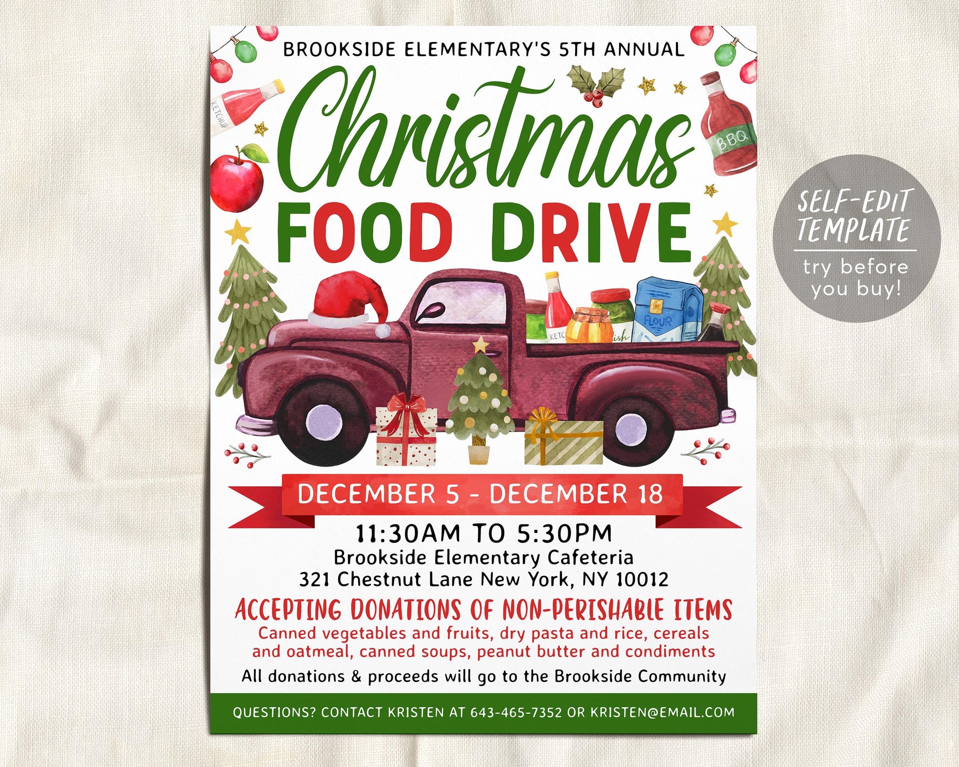 Christmas Food Drive Flyer Invitation Editable Template