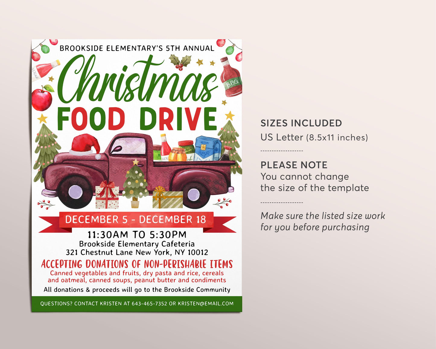 Christmas Food Drive Flyer Invitation Editable Template, Winter Holiday Food Bank Fundraiser Poster, Nonprofit Charity Community Donation