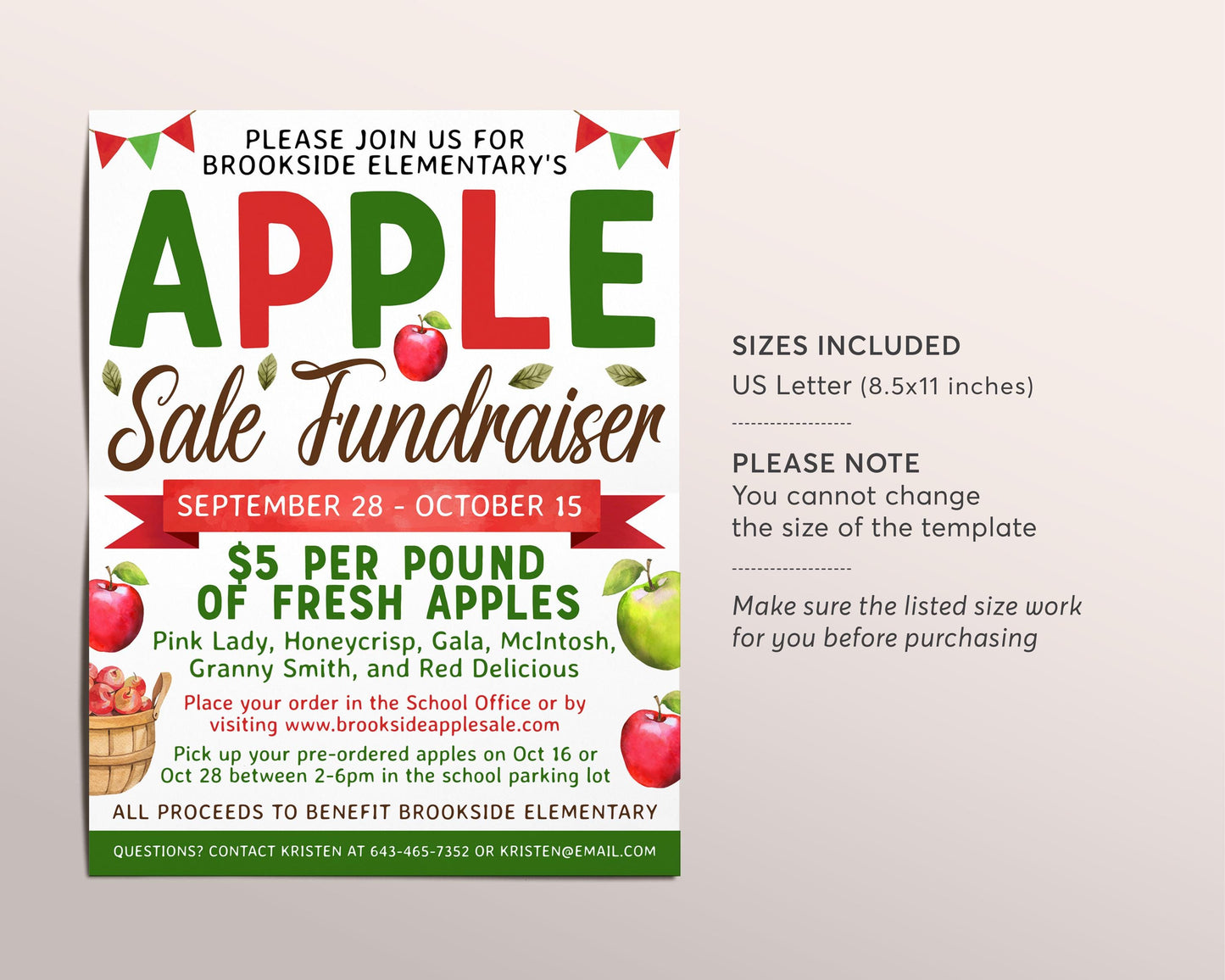 Apple Sale Fundraiser Flyer Editable Template, Invitation, Autumn Fall Harvest Festival Event Poster, School PTO PTA Church Community Event