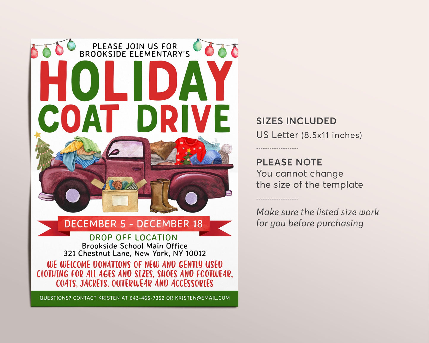 Holiday Coat Drive Flyer Editable Template, Christmas Clothing Drive Charity Fundraiser Poster, Winter Jacket Donations, School PTO PTA