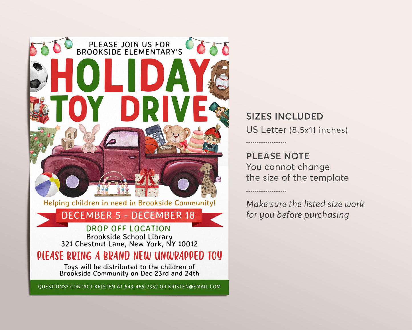 Holiday Toy Drive Flyer Editable Template, Christmas Toy Donation Charity Fundraiser Poster, Winter School Church Toy Drive PTO PTA Event