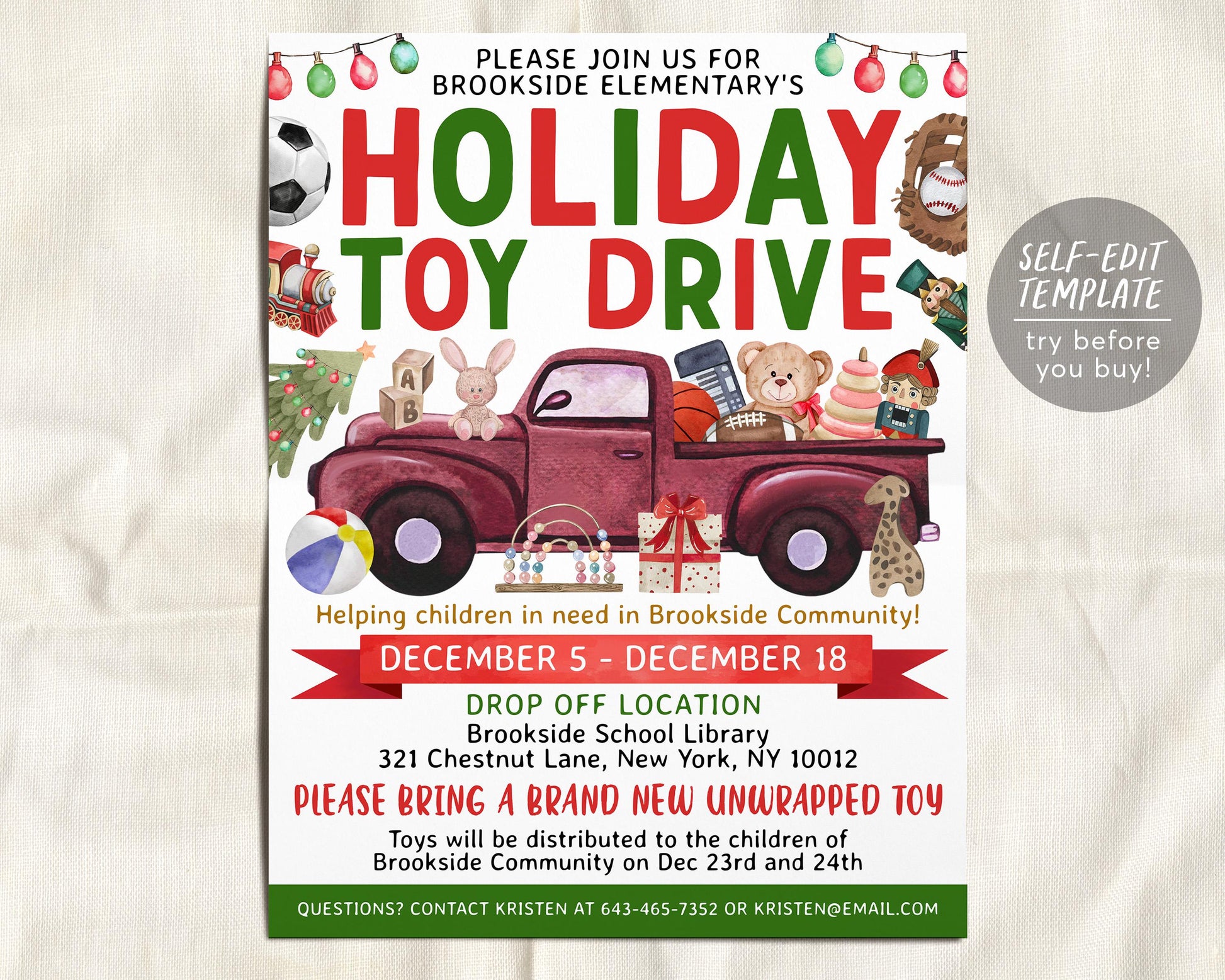 Holiday Toy Drive Flyer Editable Template