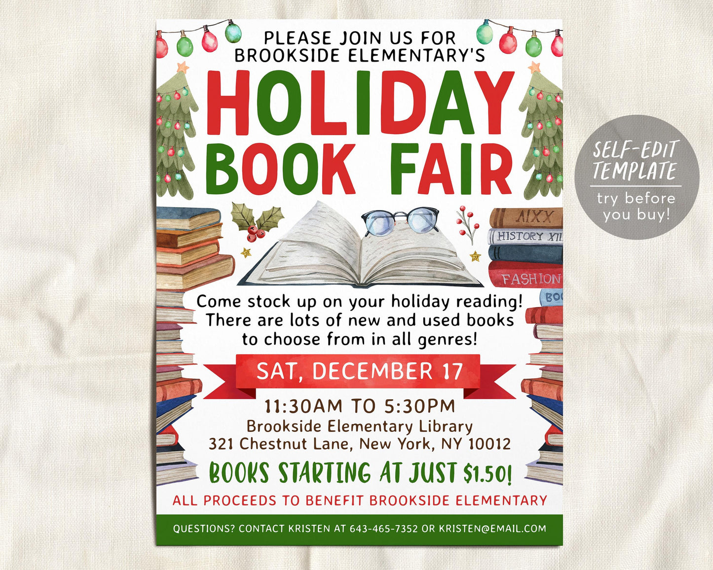 Holiday Book Fair Flyer Editable Template, Christmas Book Sale Fundraiser Poster, Winter Library School Community Shopping Literacy Event