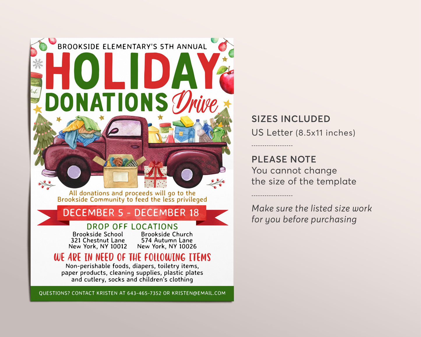 Holiday Donation Drive Flyer Editable Template, Christmas Food Drive, Drop Off Food Bank, Winter School PTO PTA Church Community Clothing