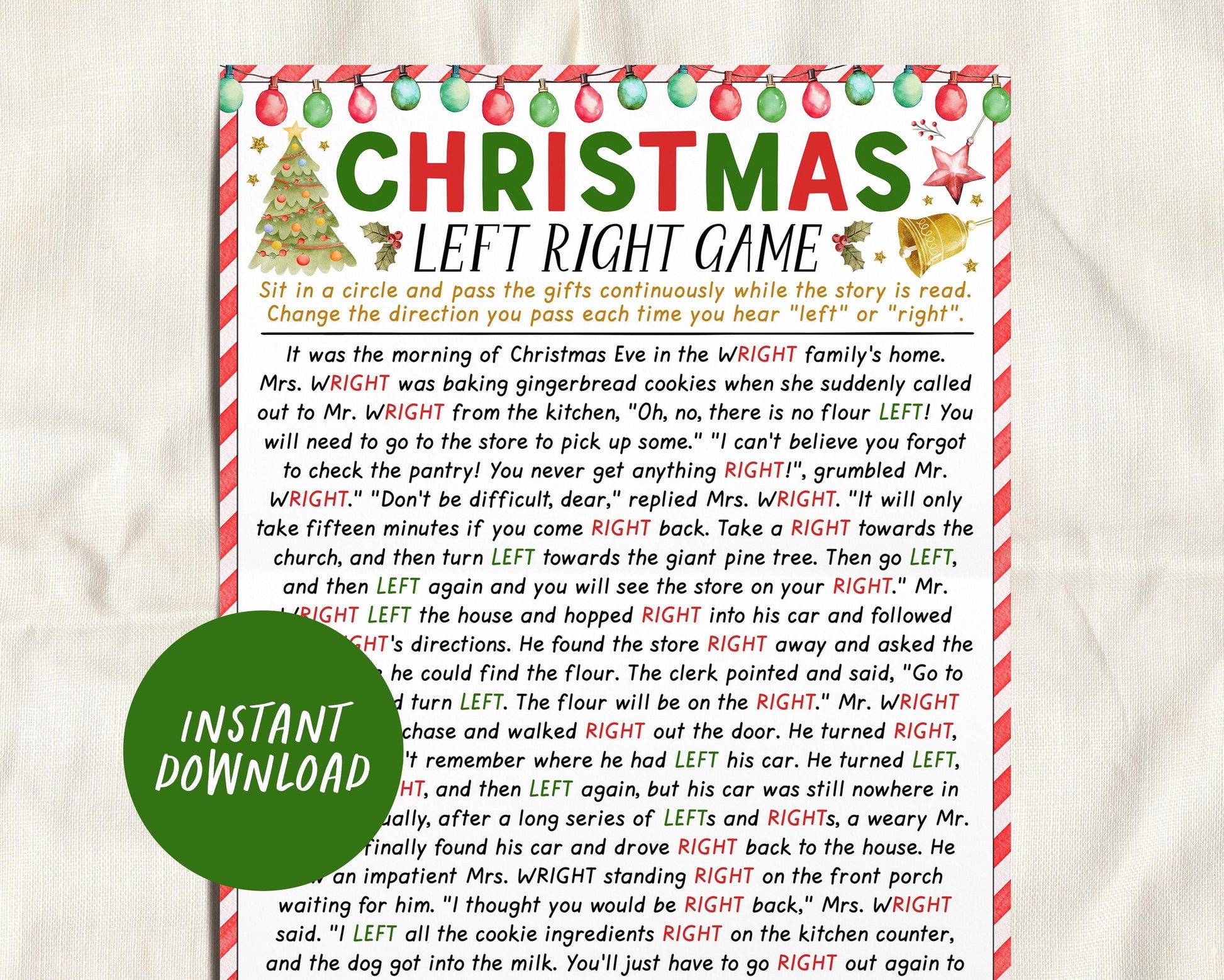 christmas left right game, left right story pass the gift exchange game, winter xmas holiday office party icebreaker for kids and adults