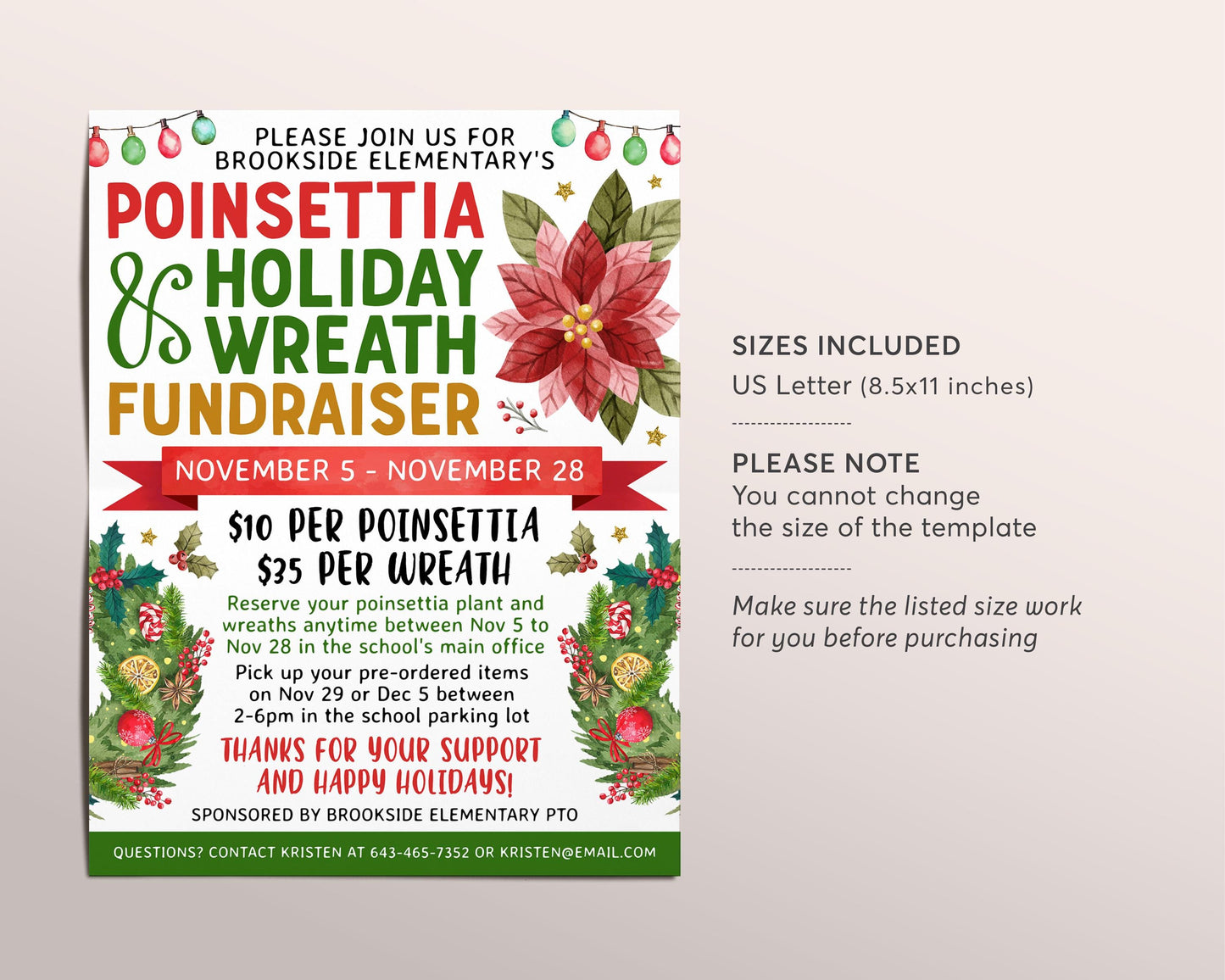 Poinsettia and Holiday Wreath Flyer Editable Template, Christmas Plant Wreath Fundraiser Sale Flyer, Winter School Church PTO PTA Shopping