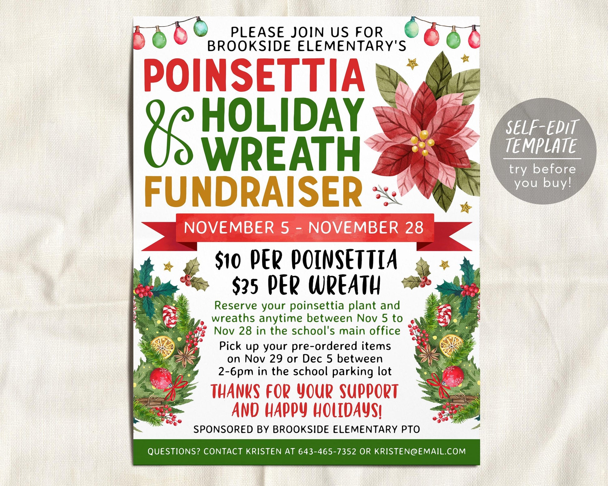 Poinsettia and Holiday Wreath Flyer Editable Template