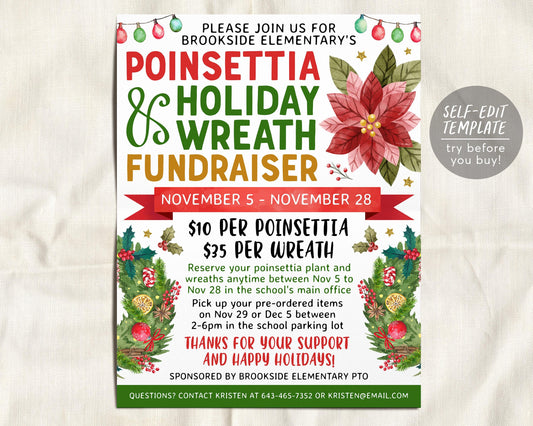 Poinsettia and Holiday Wreath Flyer Editable Template