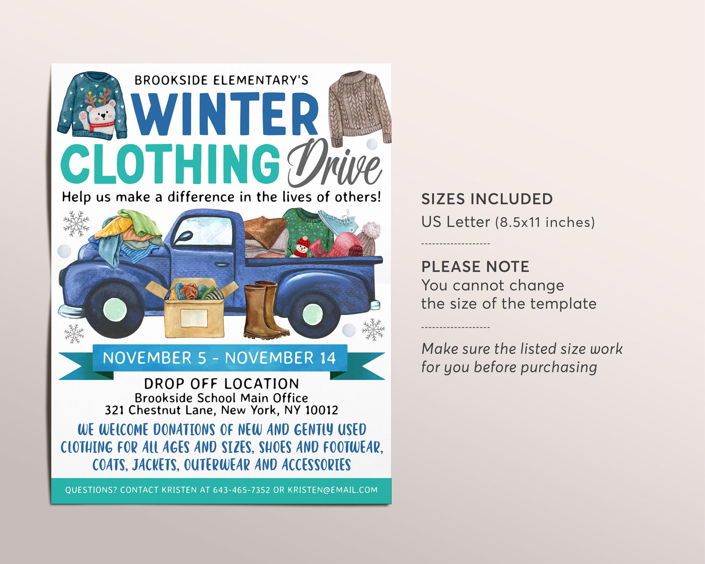 Winter Coat Drive Flyer Editable Template, Clothing Drive Donation Fundraiser Flyer, Winter School Church PTO PTA Community Charity Event