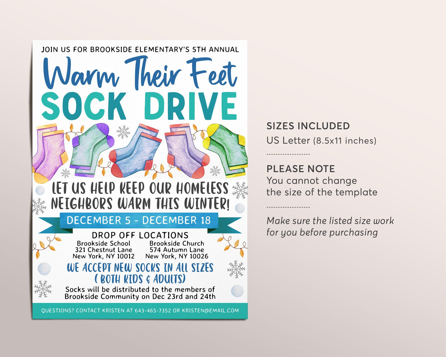 Winter Sock Drive Flyer Editable Template, Holiday Sock Donation Fundraiser Flyer, Winter School Church PTO PTA Community Charity Event