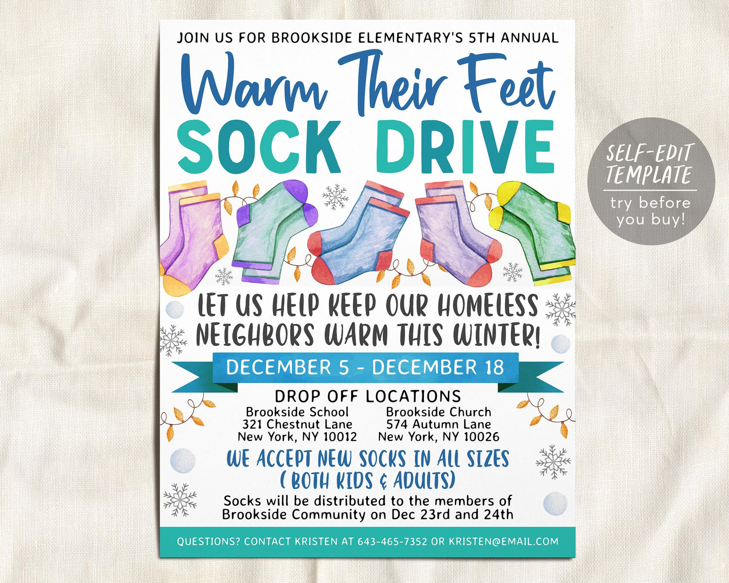 Winter Sock Drive Flyer Editable Template