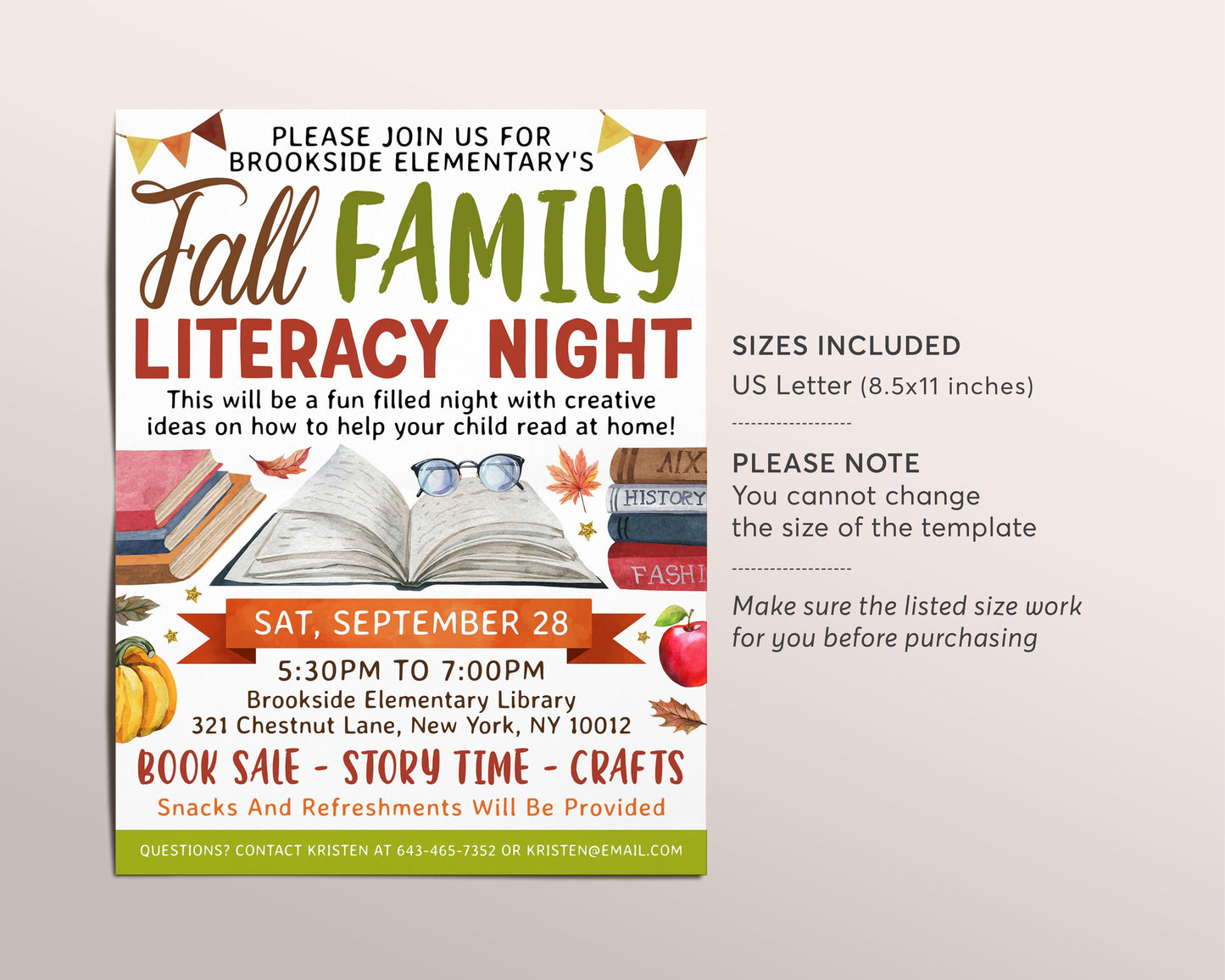 Family Fall Literacy Flyer Editable Template, School Book Sale School Literacy Event Fundraiser Invitation, Kids Autumn Library PTO PTA