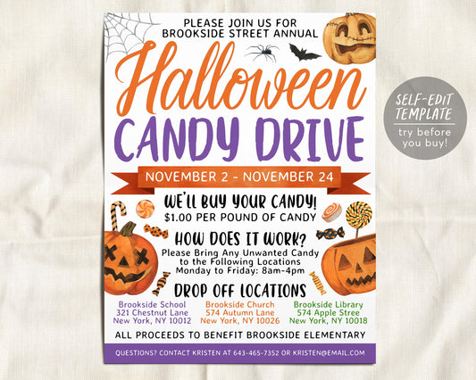 Halloween Candy Drive Flyer Editable Template