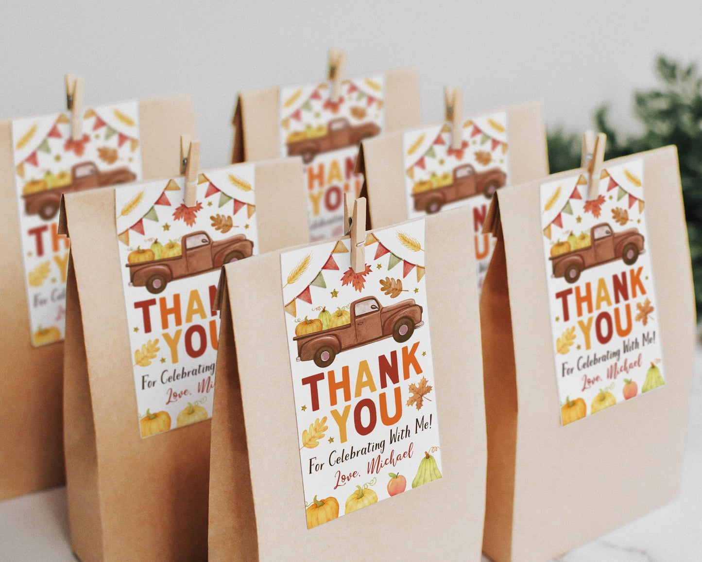 Pumpkin Truck Birthday Favor Tags Editable Template, Fall Autumn Pumpkin Patch Thank You Treat Bag, Pumpkins Leaves Stacks Of Hay Gift Tags