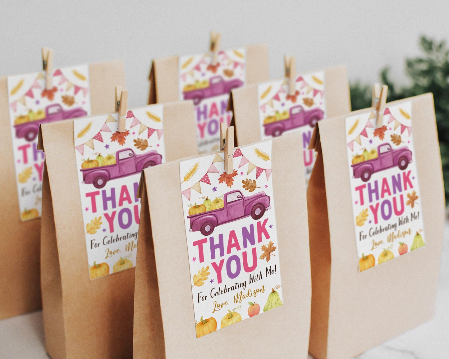 Pumpkin Truck Birthday Favor Tags Editable Template, Girl Pink Fall Autumn Pumpkin Patch Thank You Treat Bag, Leaves Stacks Of Hay Gift Tags