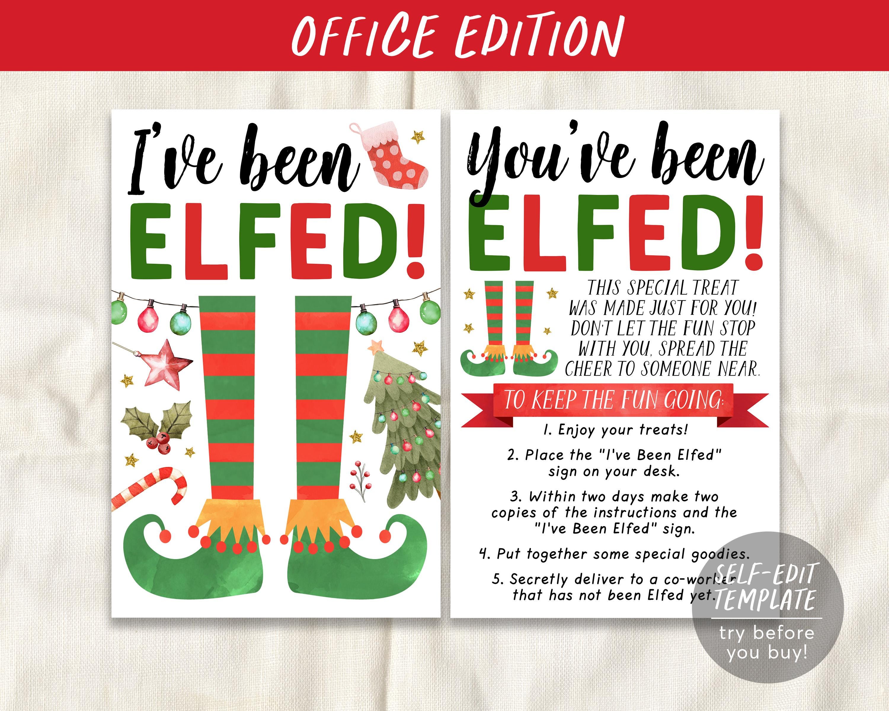 i've been elfed coworker game editable template, elf you've been elfed  office christmas party game, holiday elfed sign and instructions kit