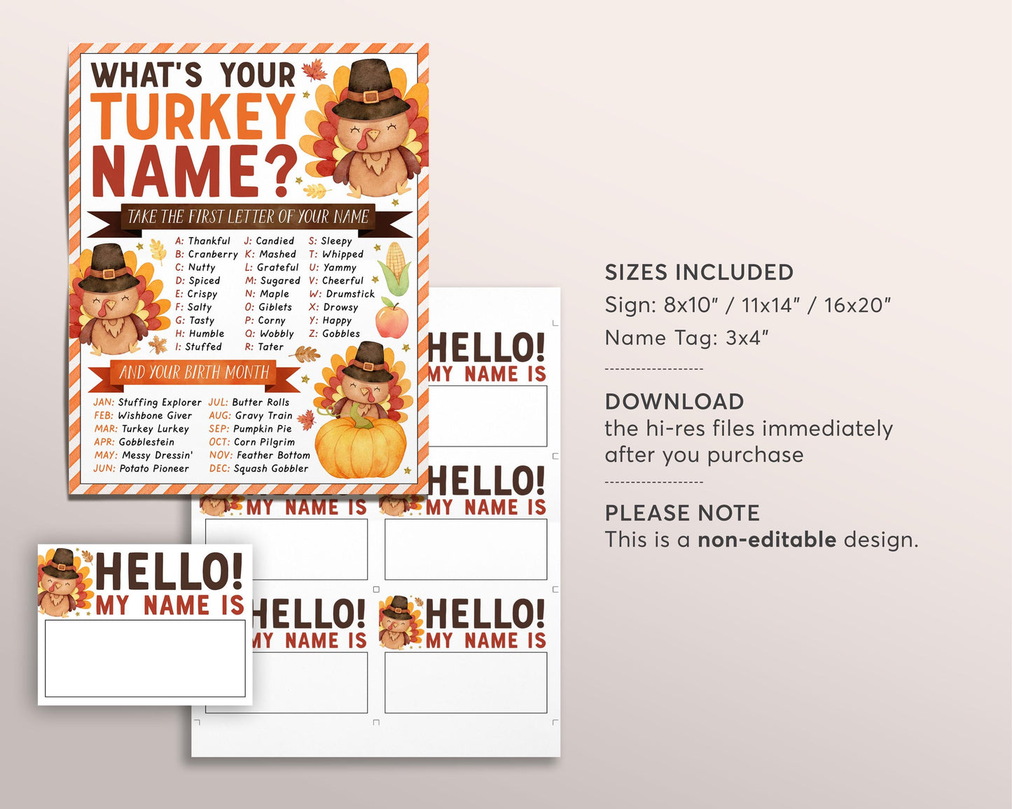 What's Your Turkey Name Game, Thanksgiving Dinner Game Activity With Name Tags And Sign, Family Fall Autumn Party Games, Holiday Kids Adult