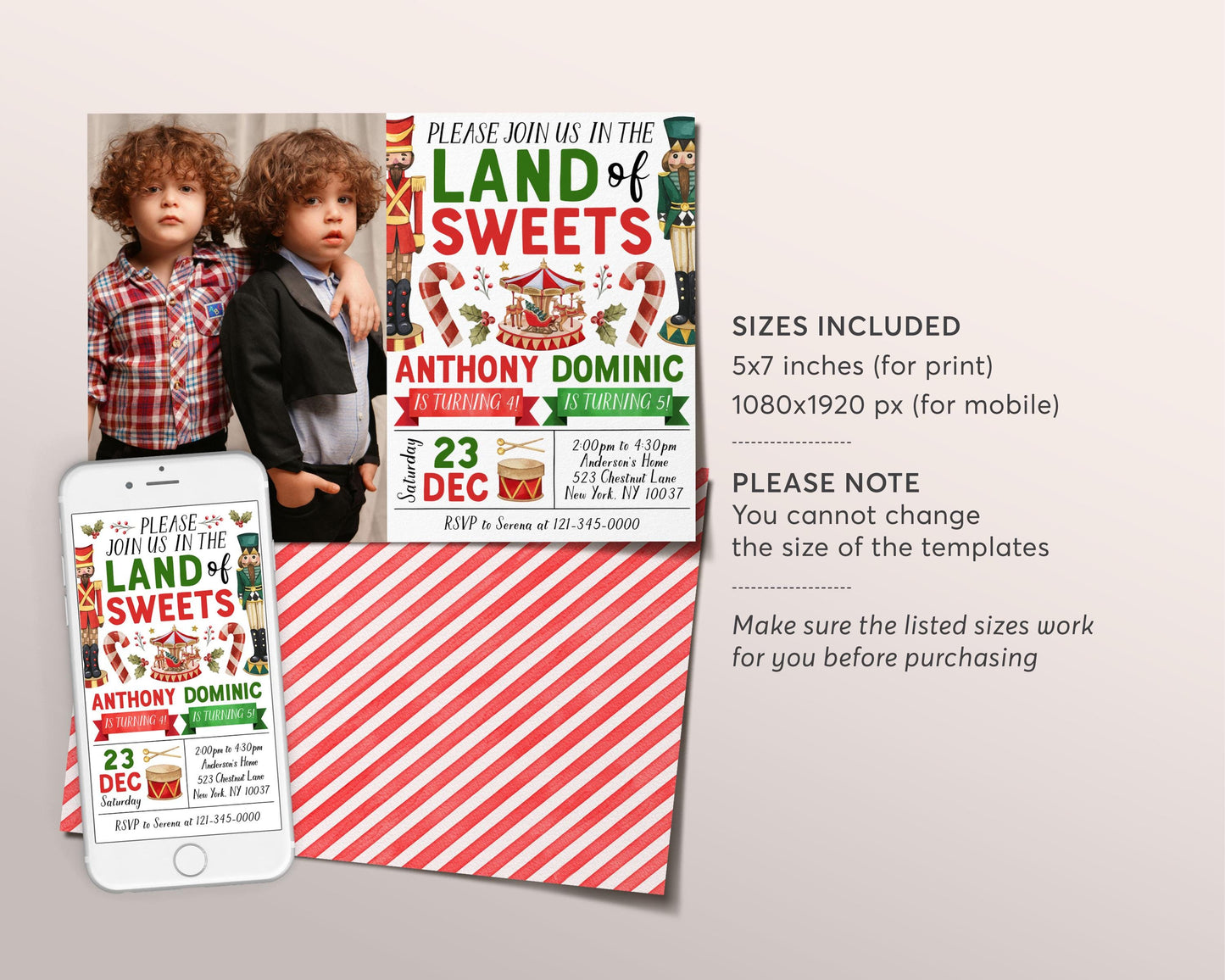 Nutcracker Joint Siblings Birthday Invitation With Photo Editable Template, Kids Twin Boys Land of Sweets Christmas Party Holiday Invite