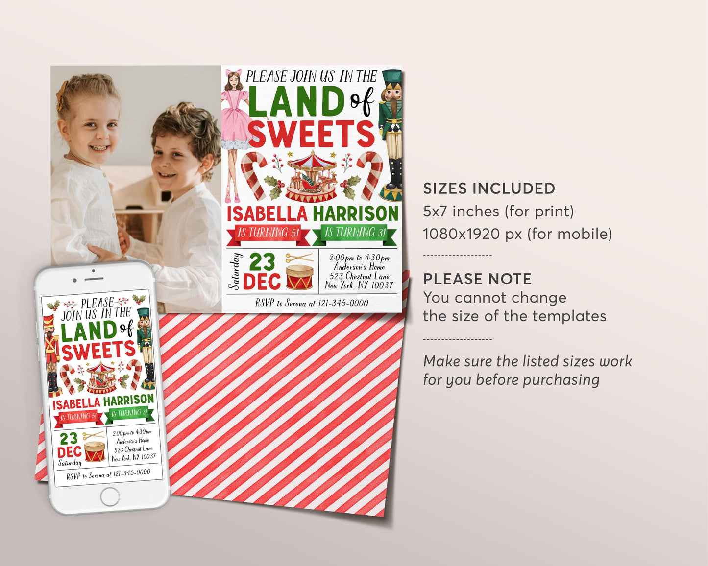 Nutcracker Joint Siblings Birthday Invitation With Photo Editable Template, Kids Twin Boy Girl Land of Sweets Christmas Party Invite Evite