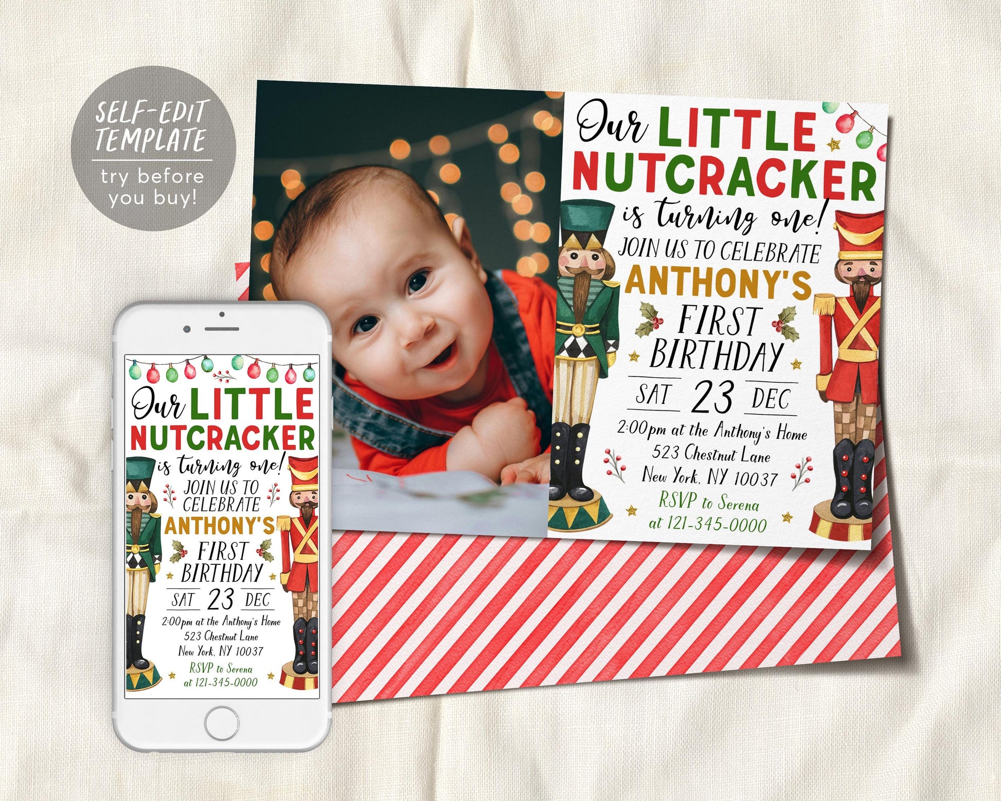 Little Nutcracker First Birthday Invitation With Photo Editable Template