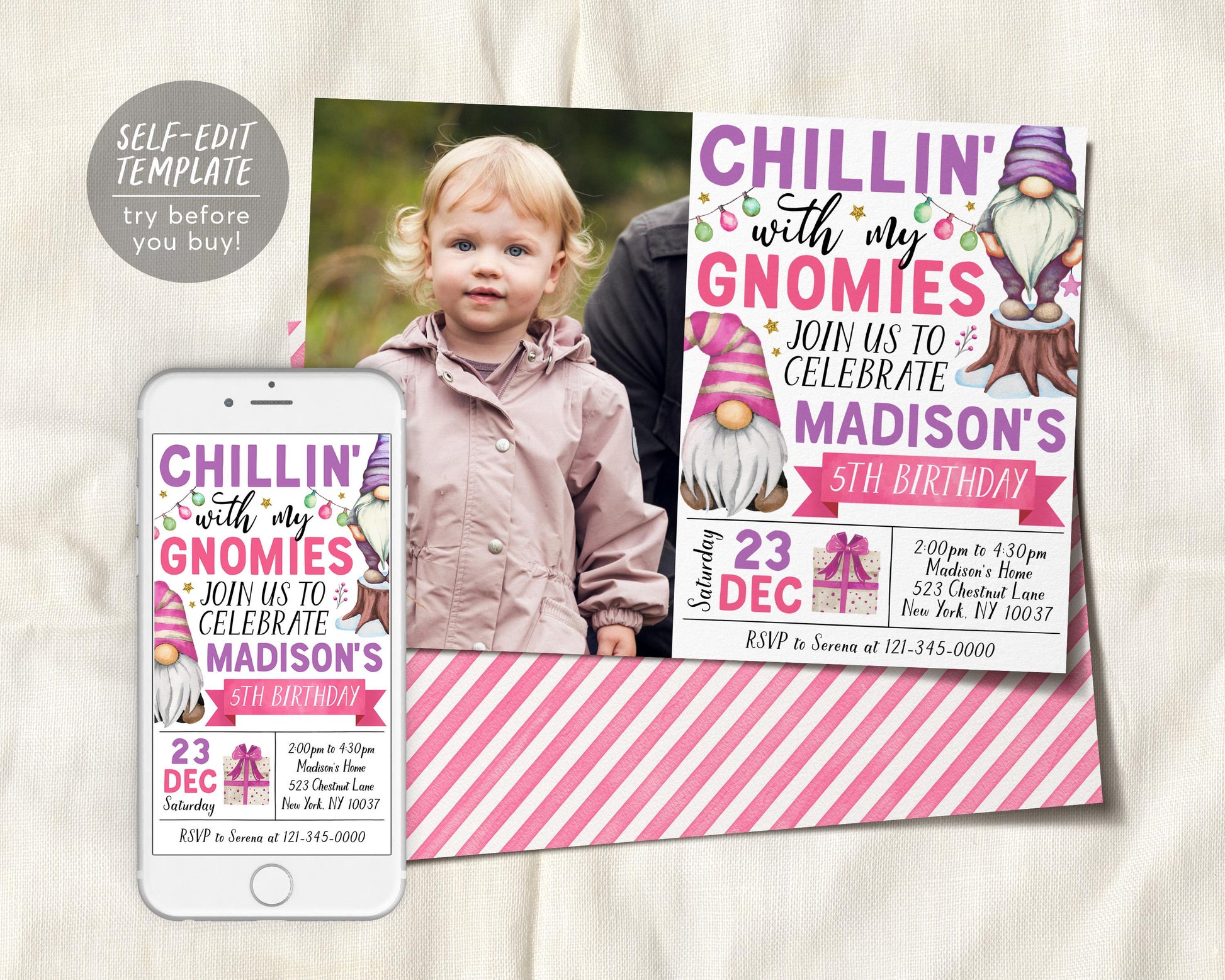 Gnome Birthday Invitation With Photo Editable Template