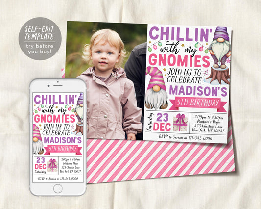 Gnome Birthday Invitation With Photo Editable Template