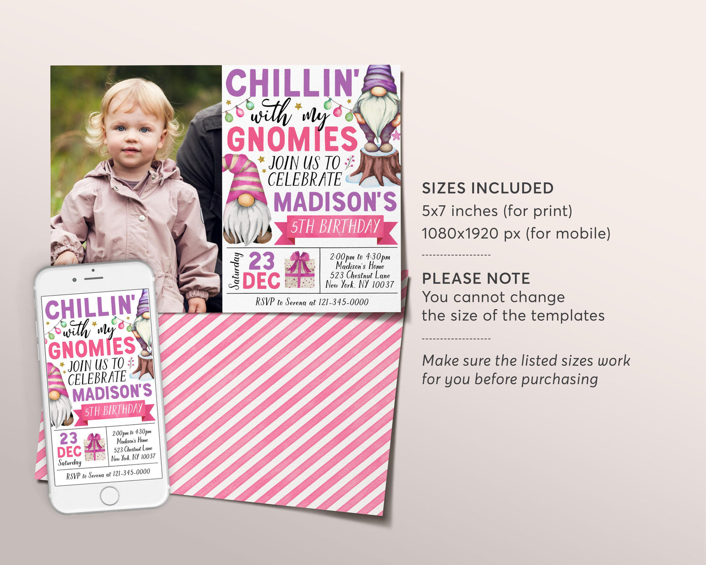 Gnome Birthday Invitation With Photo Editable Template, Kids Girl Chillin' with My Gnomies Party Invite, Christmas Gnomes Winter Party Evite