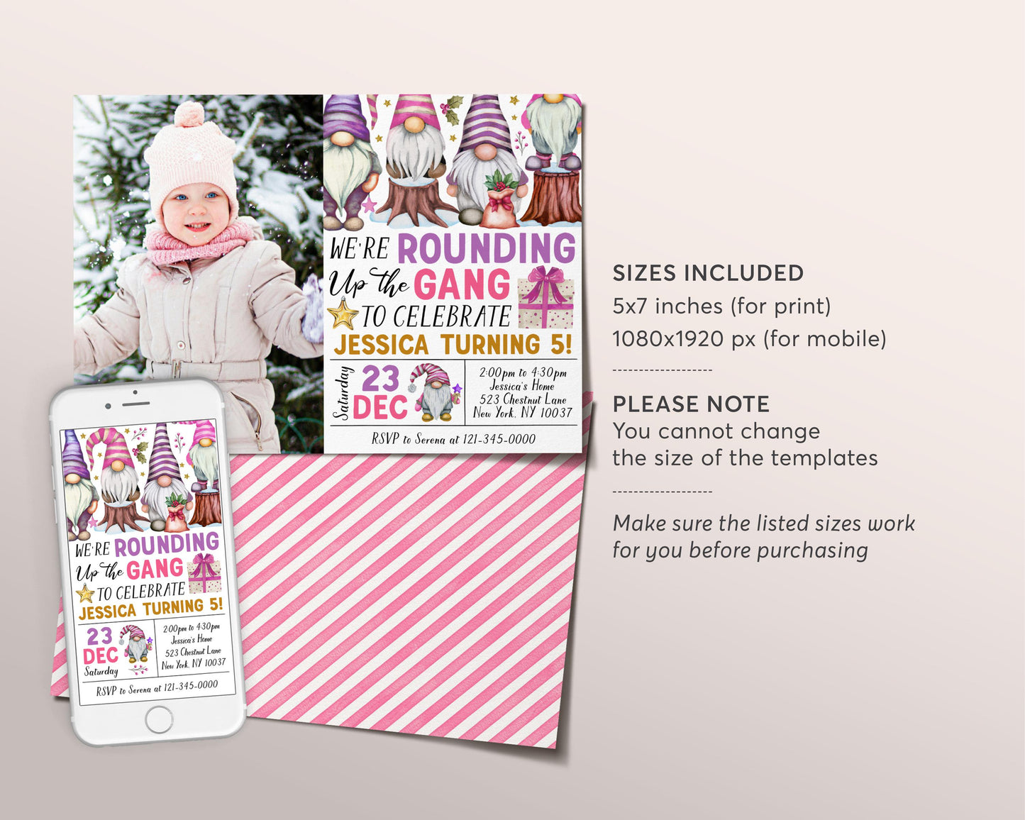 Gnome Birthday Invitation With Photo Editable Template, Kids Girl We're Rounding Up The Gang Party Invite, Christmas Gnomes Birthday Evite