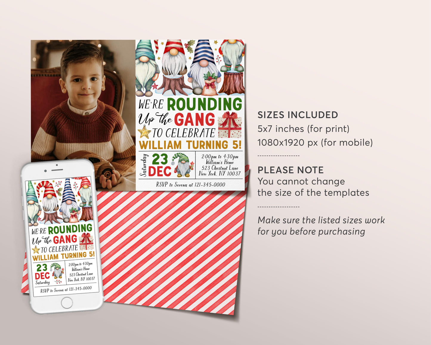 Gnome Birthday Invitation With Photo Editable Template, Kids We're Rounding Up The Gang Party Invite, Christmas Merry Little  Birthday Evite