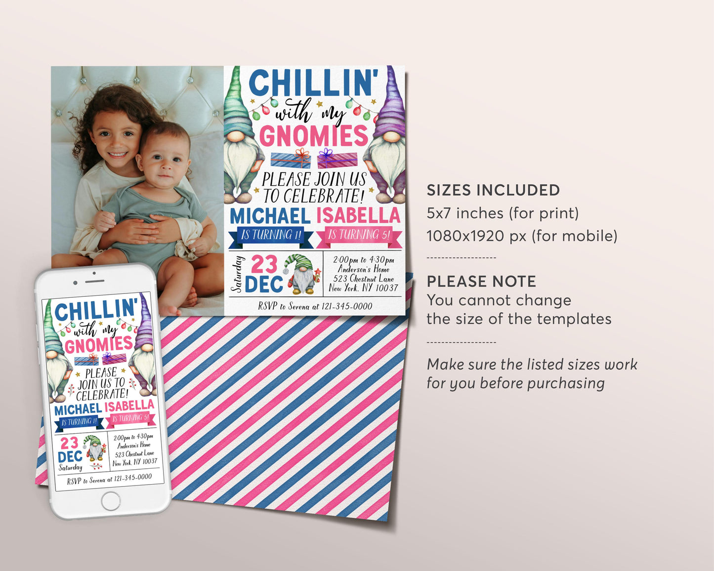 Gnome Joint Siblings Birthday Invitation With Photo Editable Template, Twins Girl Boy Chillin' with My Gnomies Party Invite, Gnomes Evite