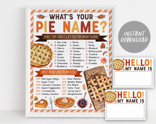 What's Your Pie Name Game With Name Tags And Sign, Fall Thanksgiving Party Activity, Pie Baking Contest, Autumn Holiday Party Decor, Pie Day