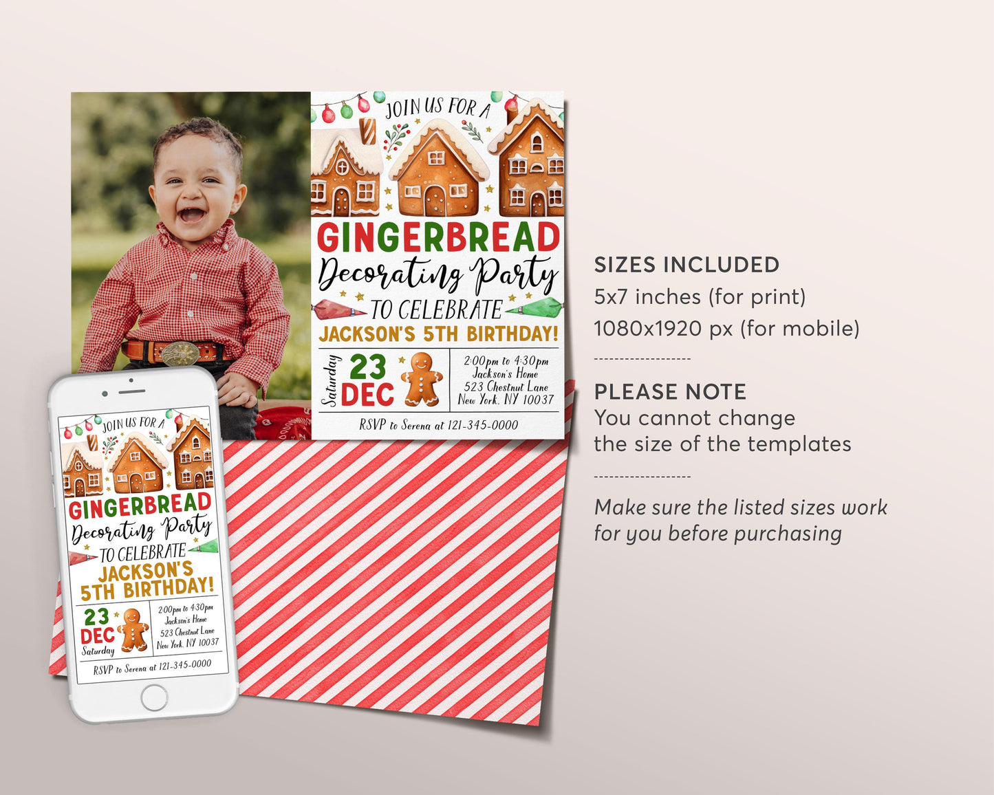 Gingerbread Decorating Birthday Invitation With Photo Editable Template, Christmas Gingerbread House Cookie Decorating Party Invite Evite