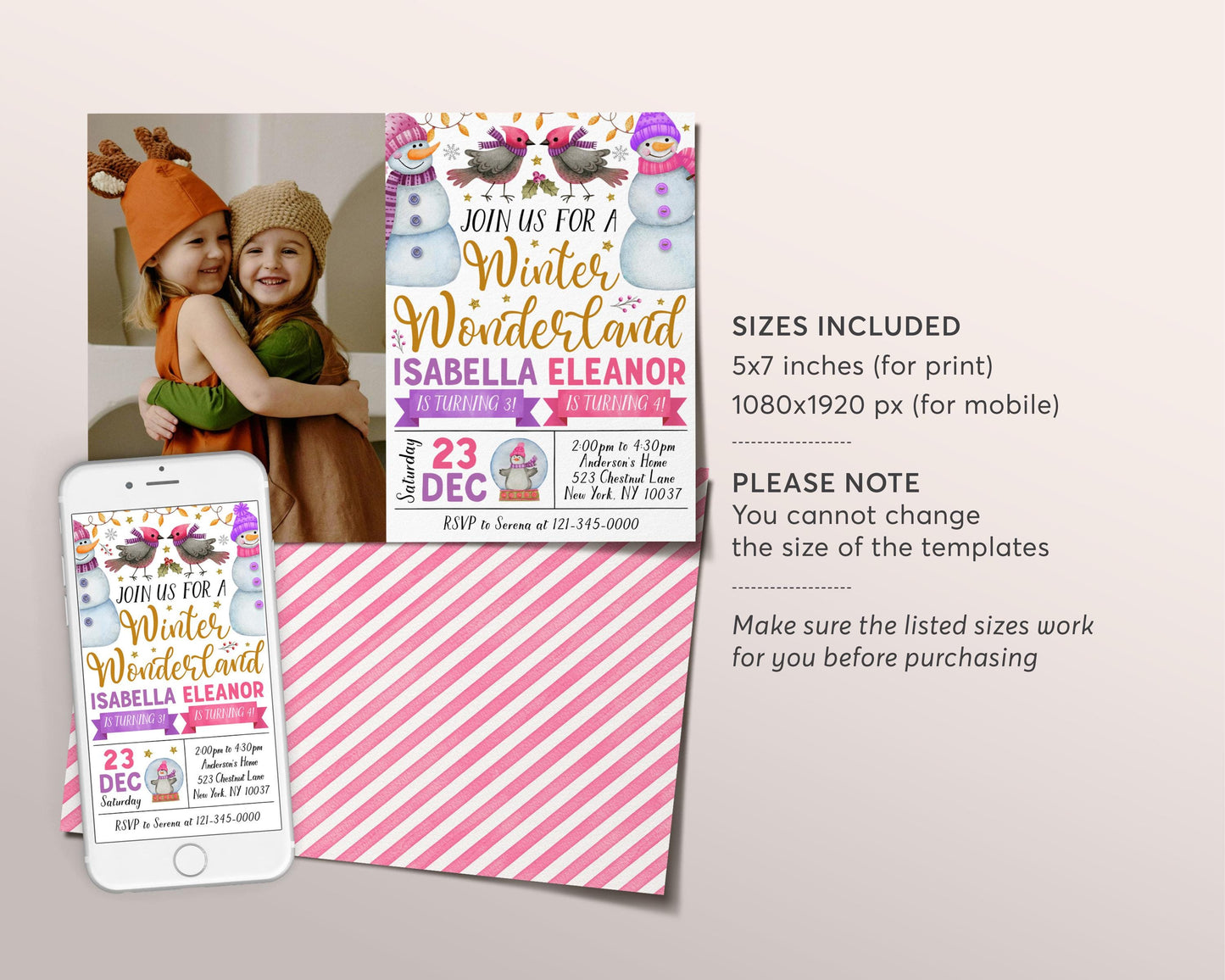 Winter Wonderland Joint Siblings Birthday Invitation With Photo Editable Template, Girls Snowman Our Little Snowflake Party Invite Evite