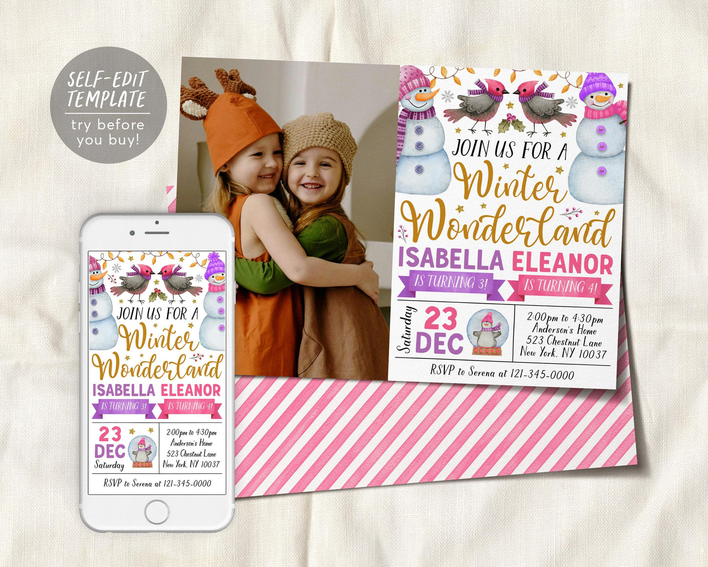 Winter Wonderland Joint Siblings Birthday Invitation With Photo Editable Template